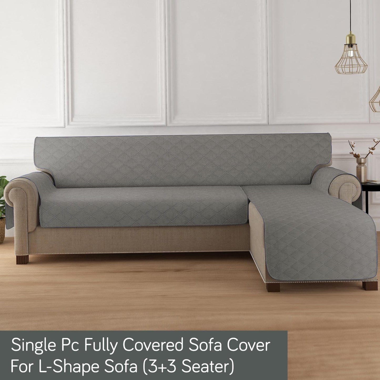 HOKIPO Quilted Reversible One Piece L Shape 4/5/6 Seater Sofa Cover Mat, Light Grey