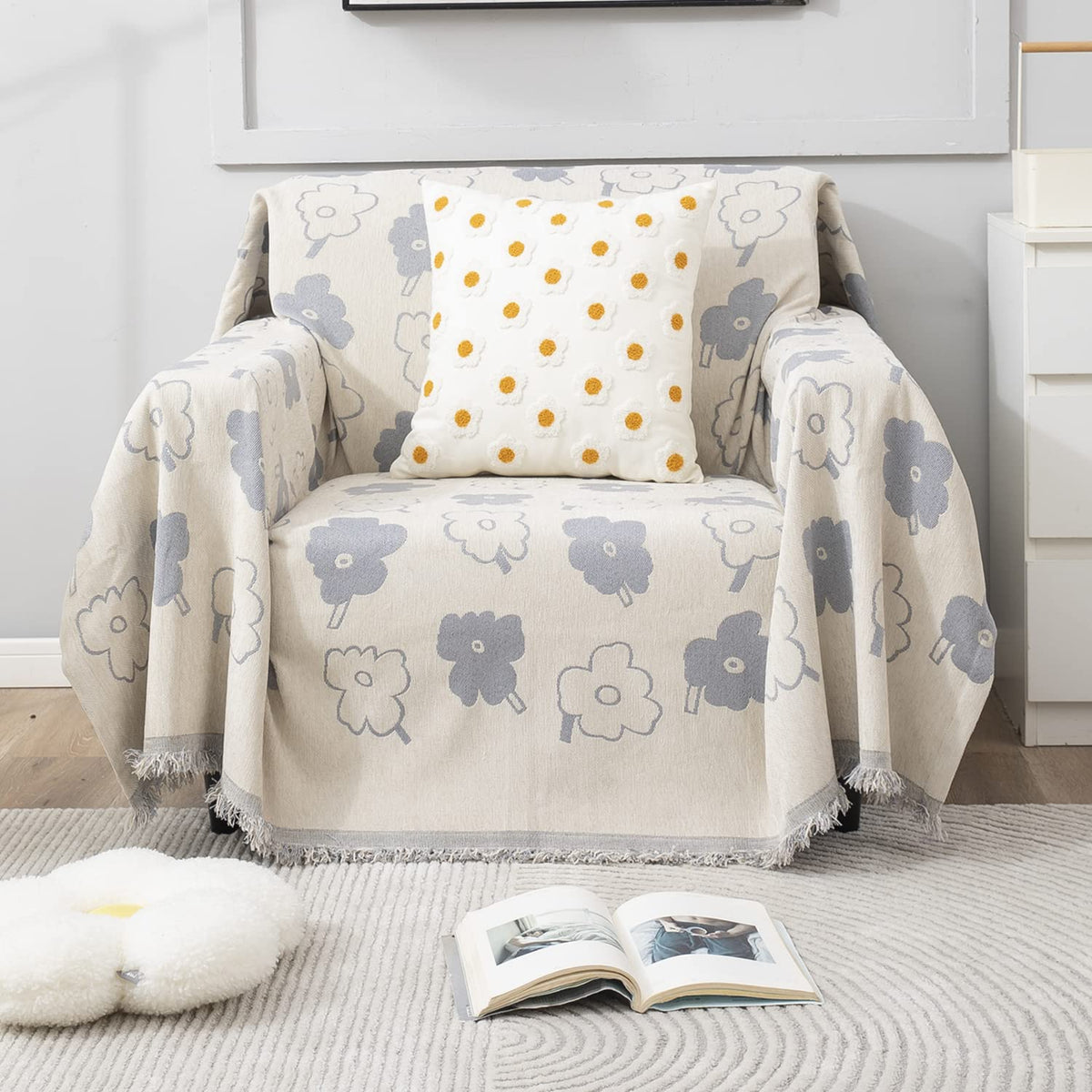 Buy 1 Seater elegant off white floral print colour chenille sofa throw of size 180(D)x180(L) 
