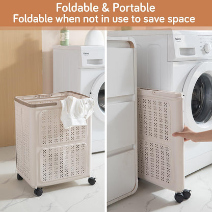 HOKIPO Foldable Laundry Basket with Wheels for Clothes, Toys & More - Beige