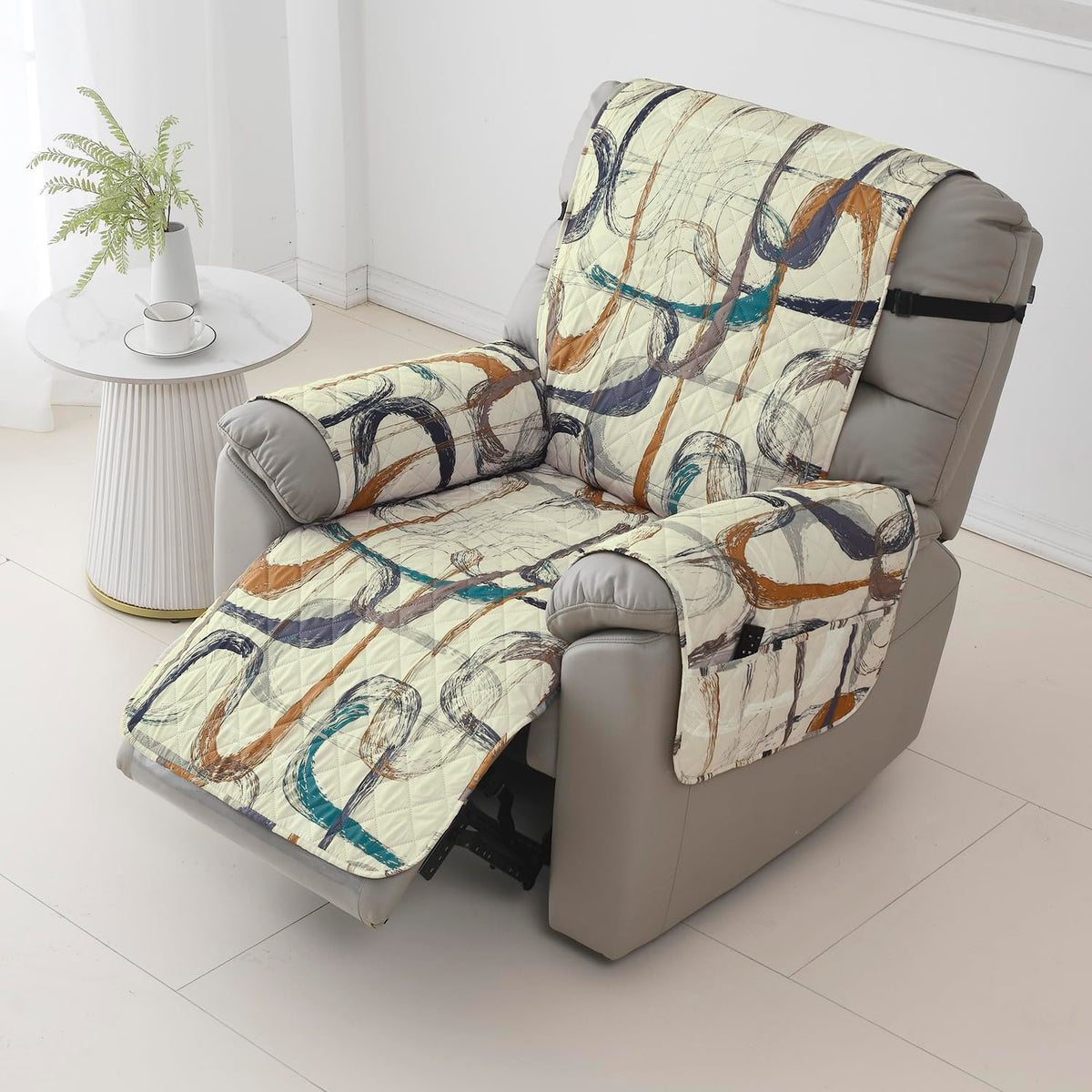 Quilted Recliner Water Repellent & Waterproof Cover for Small / Large - Parchement Beige Abstract Art