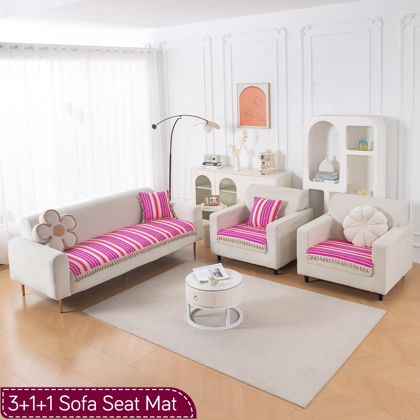 Artisan Boho 5-Seater Sofa Seat Mat wth Tassels (3+1+1), Fuchsia Pink