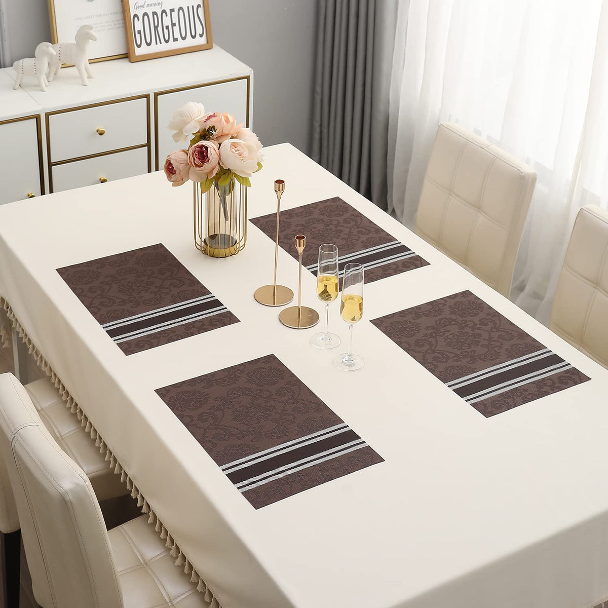PVC Dining Table Mats, Damask Brown