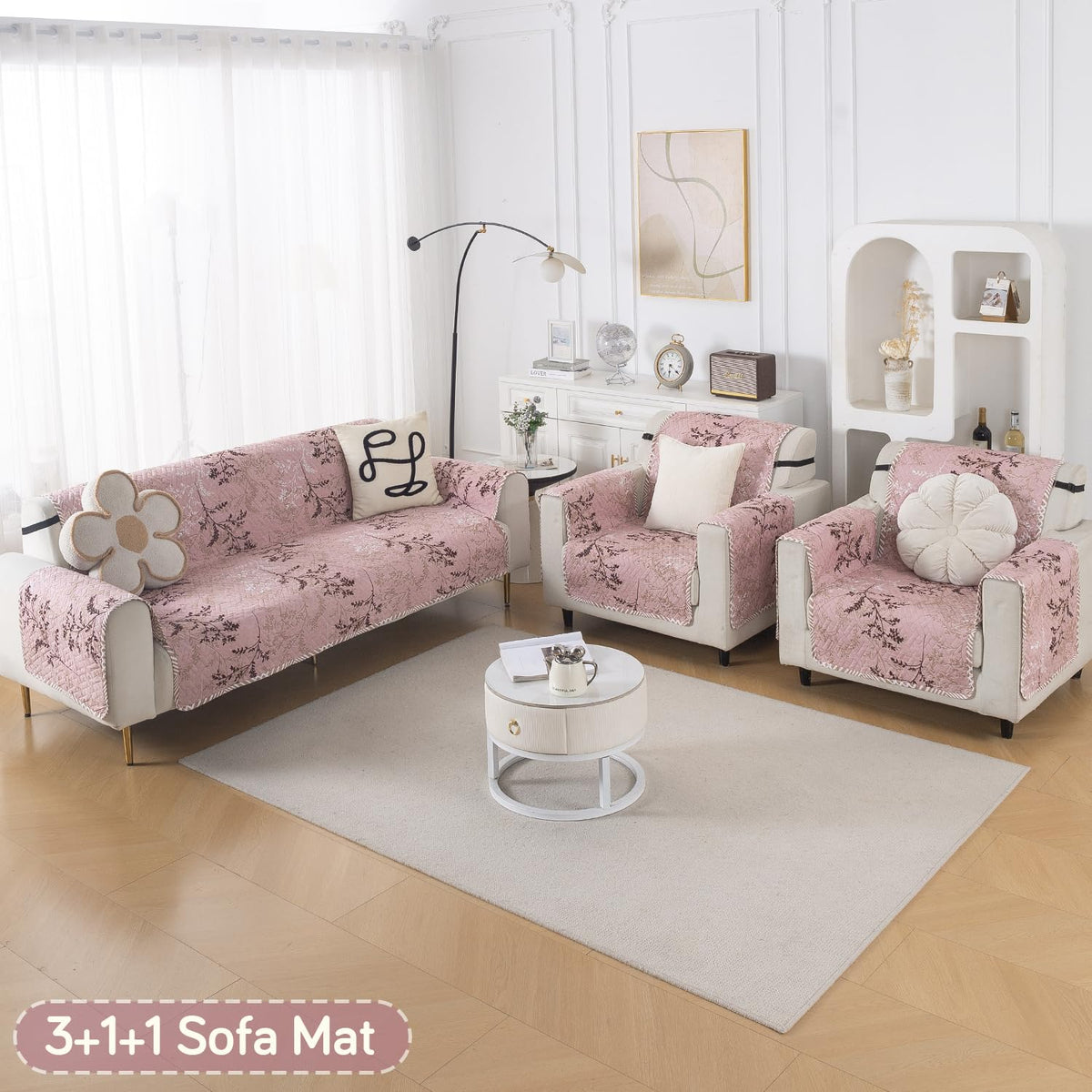 Easy Drape Reversible Quilted 5-Seater Sofa Cover (3+1+1), Blush Branch