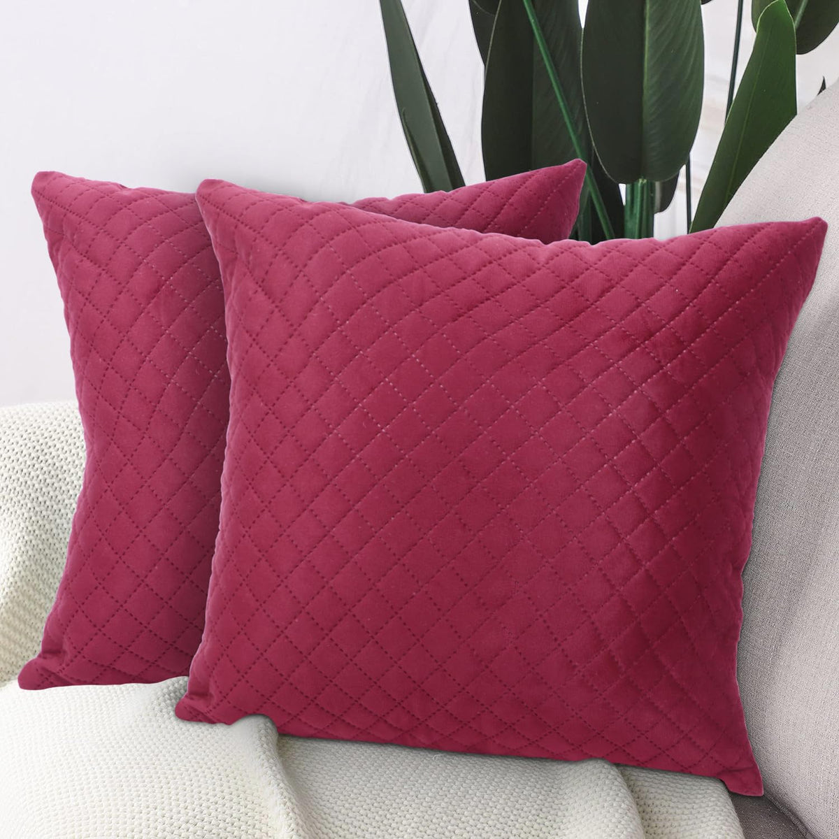 Buy Wine Colour Premium Zippered Square Quilted Velvet Sofa Cushion Covers
