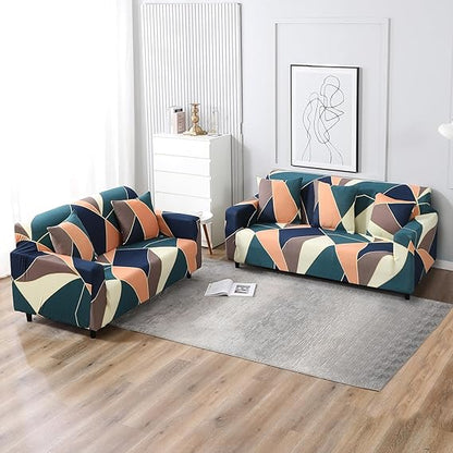 Elastic Stretchable Printed Sofa Cover , Green Peach Abstract