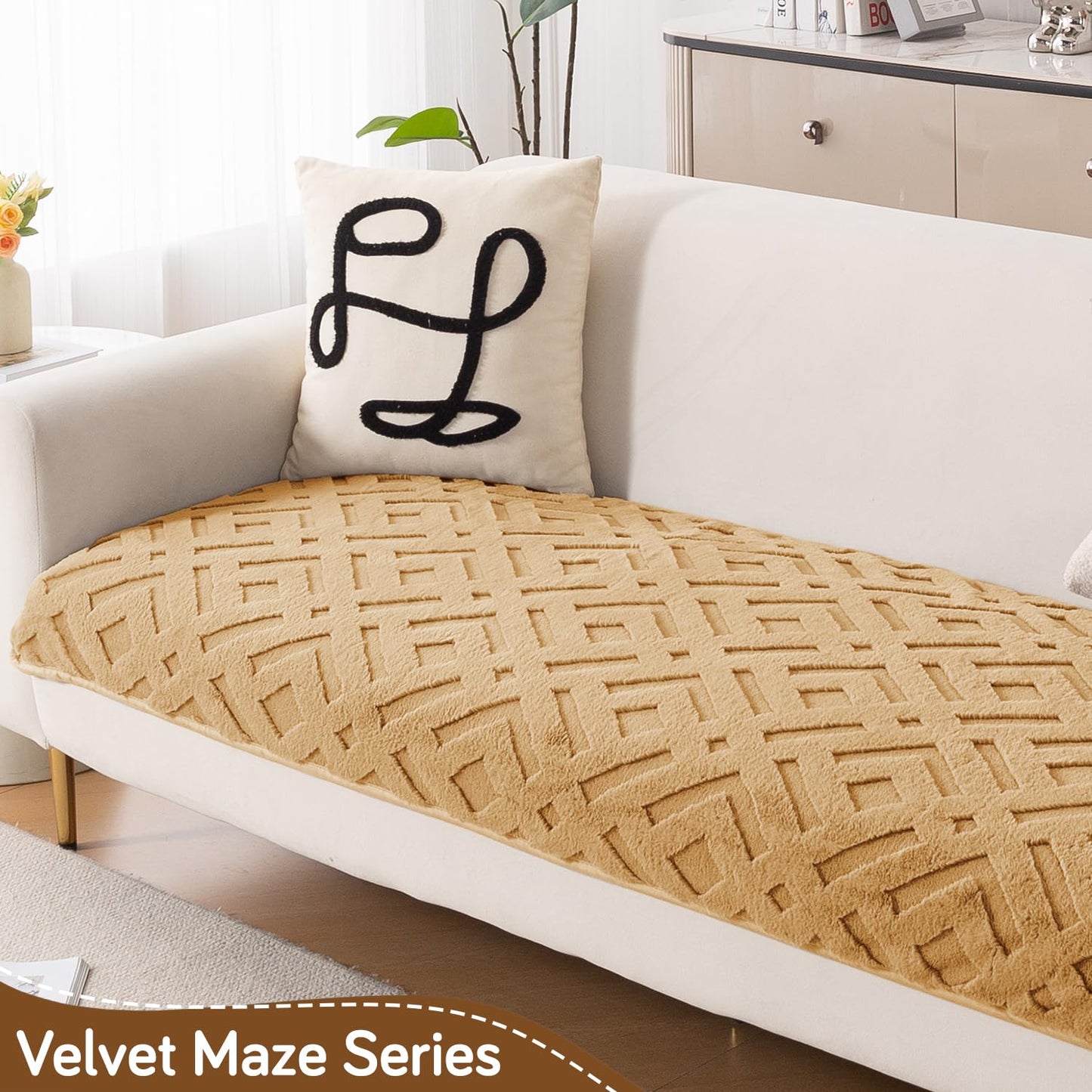 Velvet Maze Premium L Shape Sofa Cover Seat Mat, Light Brown