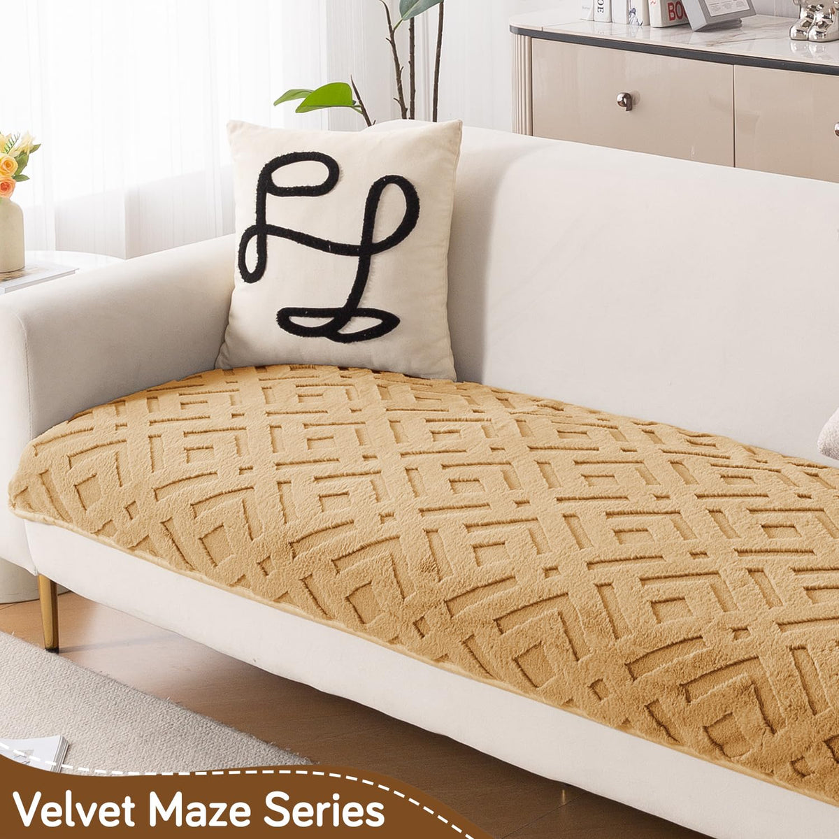 Velvet Maze Premium L Shape Sofa Cover Seat Mat, Light Brown