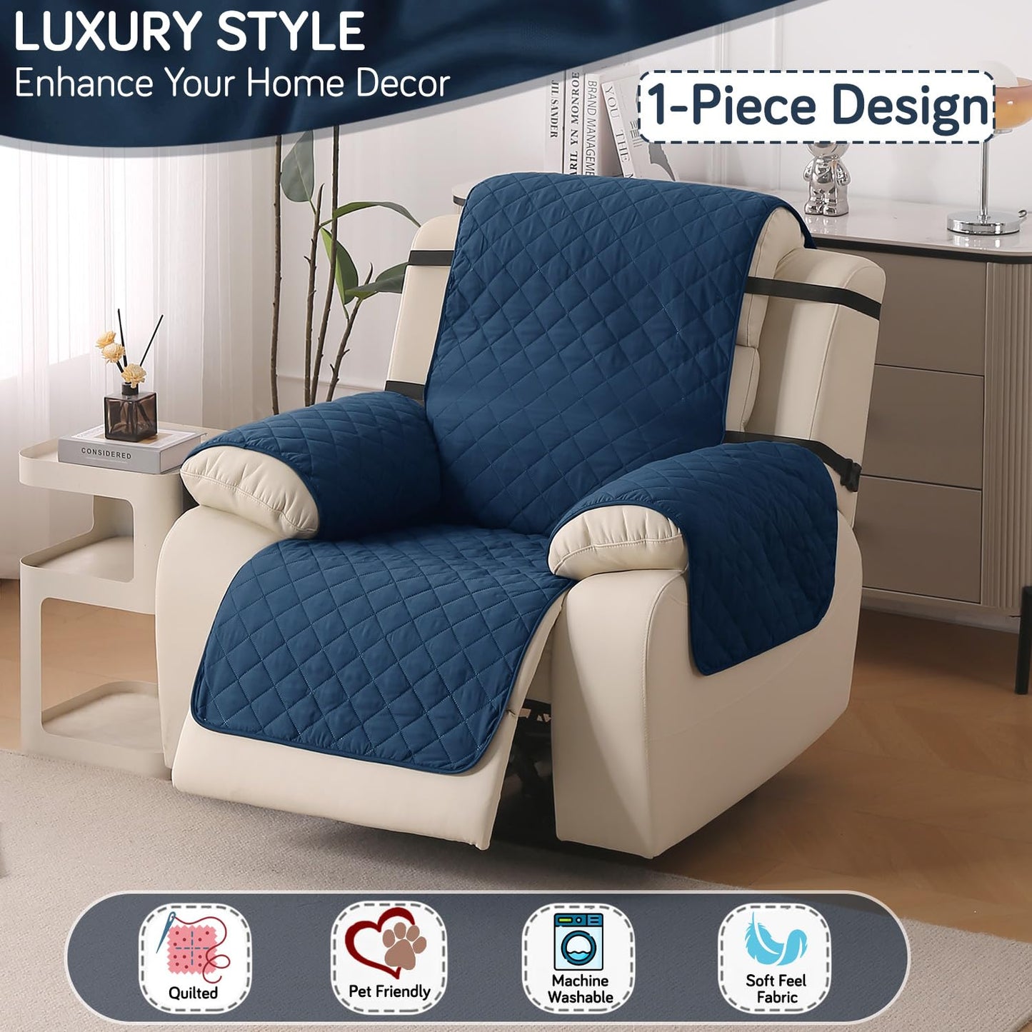 UrbanQuilt Recliner Sofa Slipcover Mat with Dual Belt for 1/2/3 Seater - Navy Blue