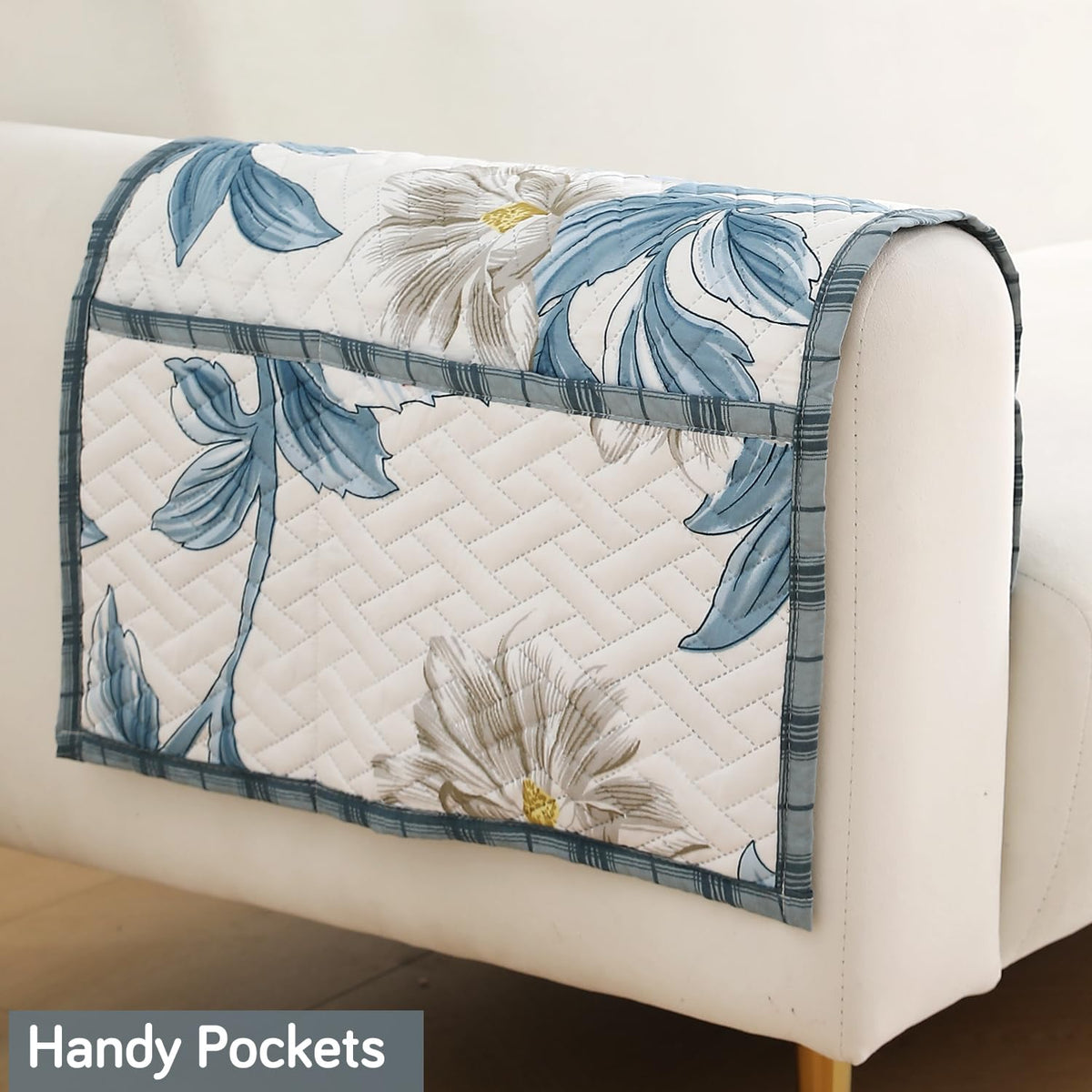 'Homehues' Printed Quilted Sofa Cover Mats, Celadon Blue Camellia