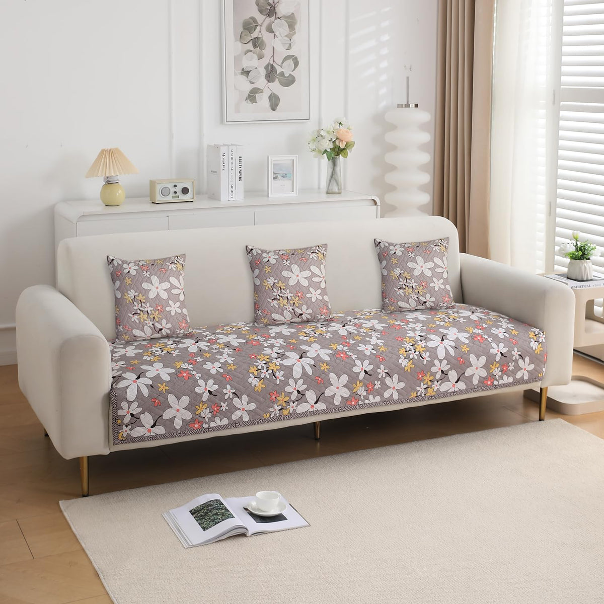 three Seater Pastel Brown Sandwort Flower Printed quilted sofa cover