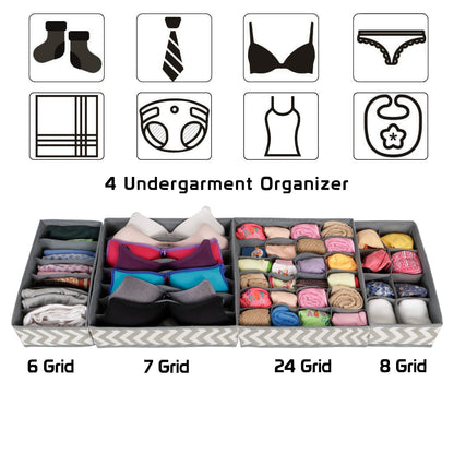 4 Pcs Undergarment Organizer Storage Box for Drawers Bra Panty Socks Tie Lingerie Organizer for Wardrobe, 24x8x7x6 Grid ,inside, Non-Woven Fabric, Grey