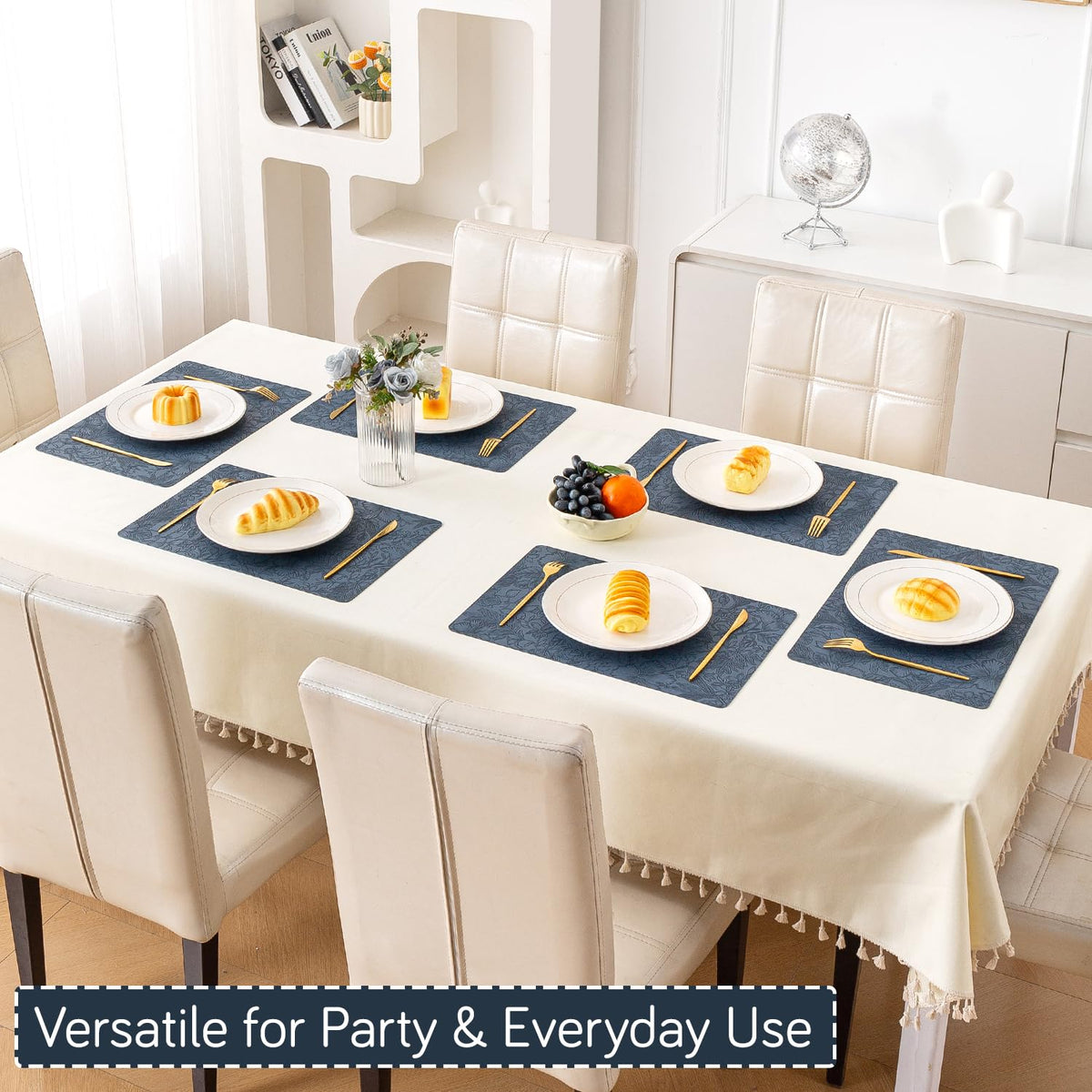 Hibiscus Bloom Washable Leather Mats for Dining Table - Navy Blue
