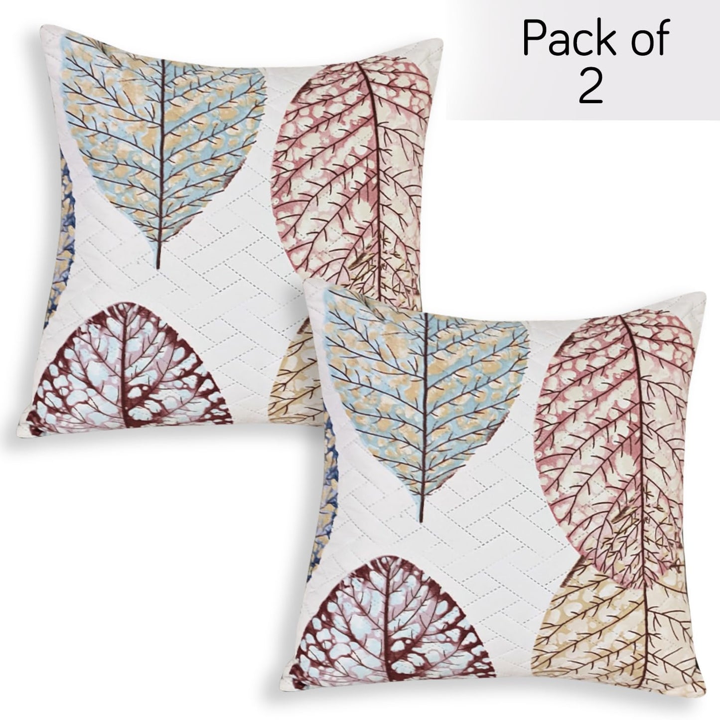 HOKIPO Printed Quilted Sofa Cushion Cover Pack of 2, Multicolor Linden Leaf