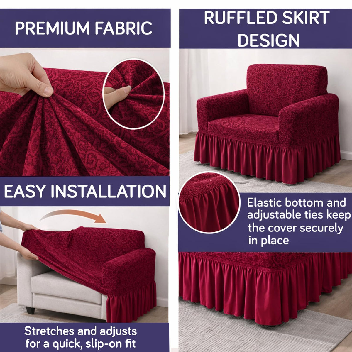 Elastic Stretchable Designer Woven Jacquard Sofa Cover with Frill, Wine Red