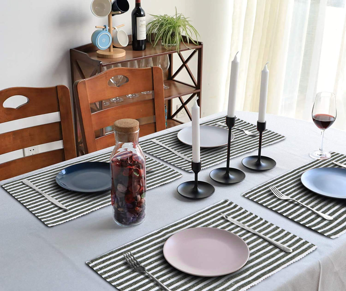 Ribbed Cotton Heat Resistant Dining Table Mat, Grey Striped