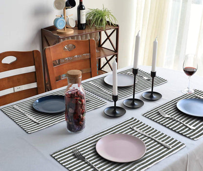 Ribbed Cotton Heat Resistant Dining Table Mat, Grey Striped