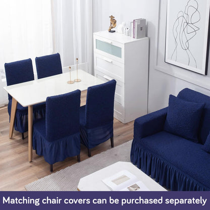 Elastic Stretchable Designer Woven Jacquard Sofa Cover with Frill, Navy Blue
