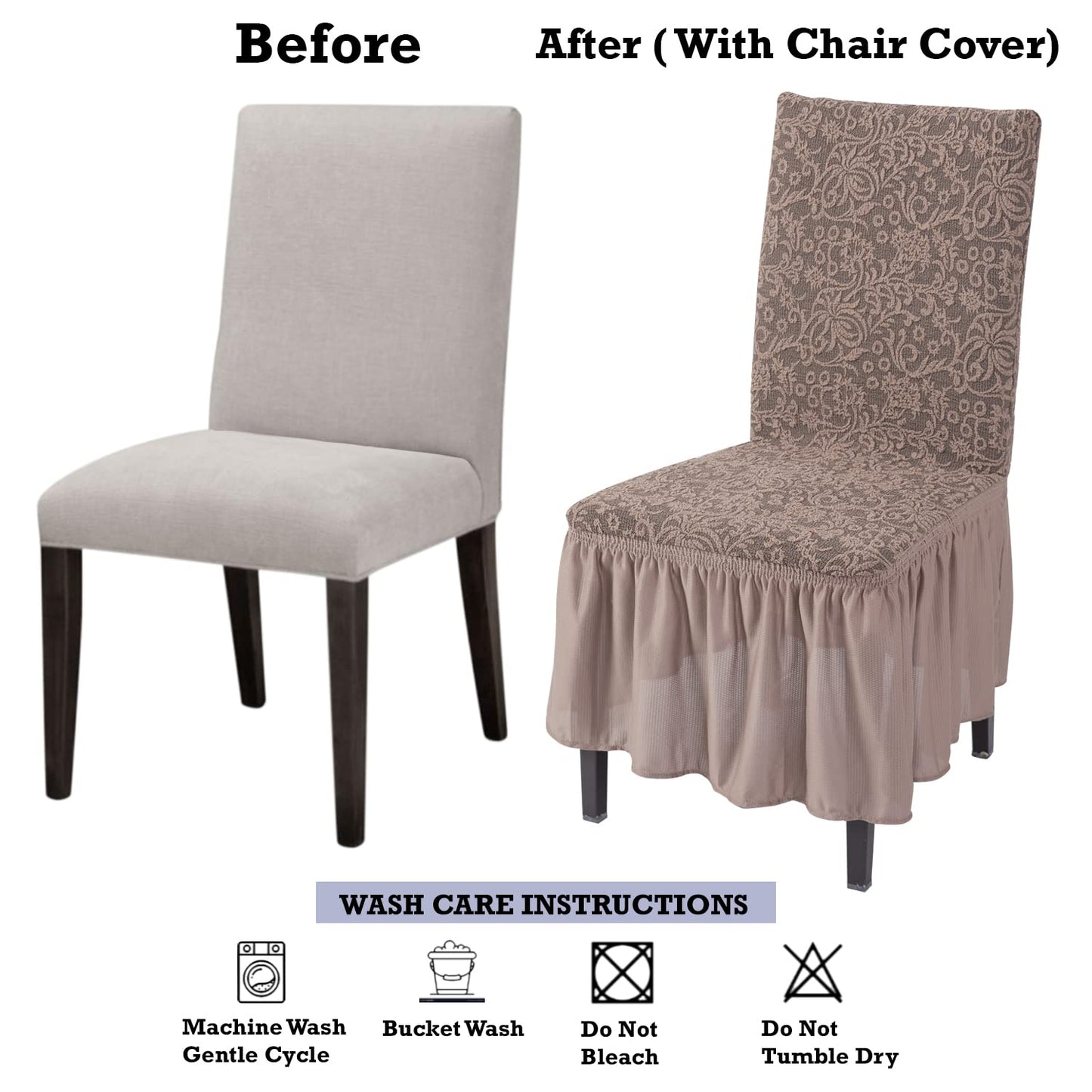 Elastic Stretchable Designer Woven Jacquard Dining Chair Cover with Frill, Light Taupe