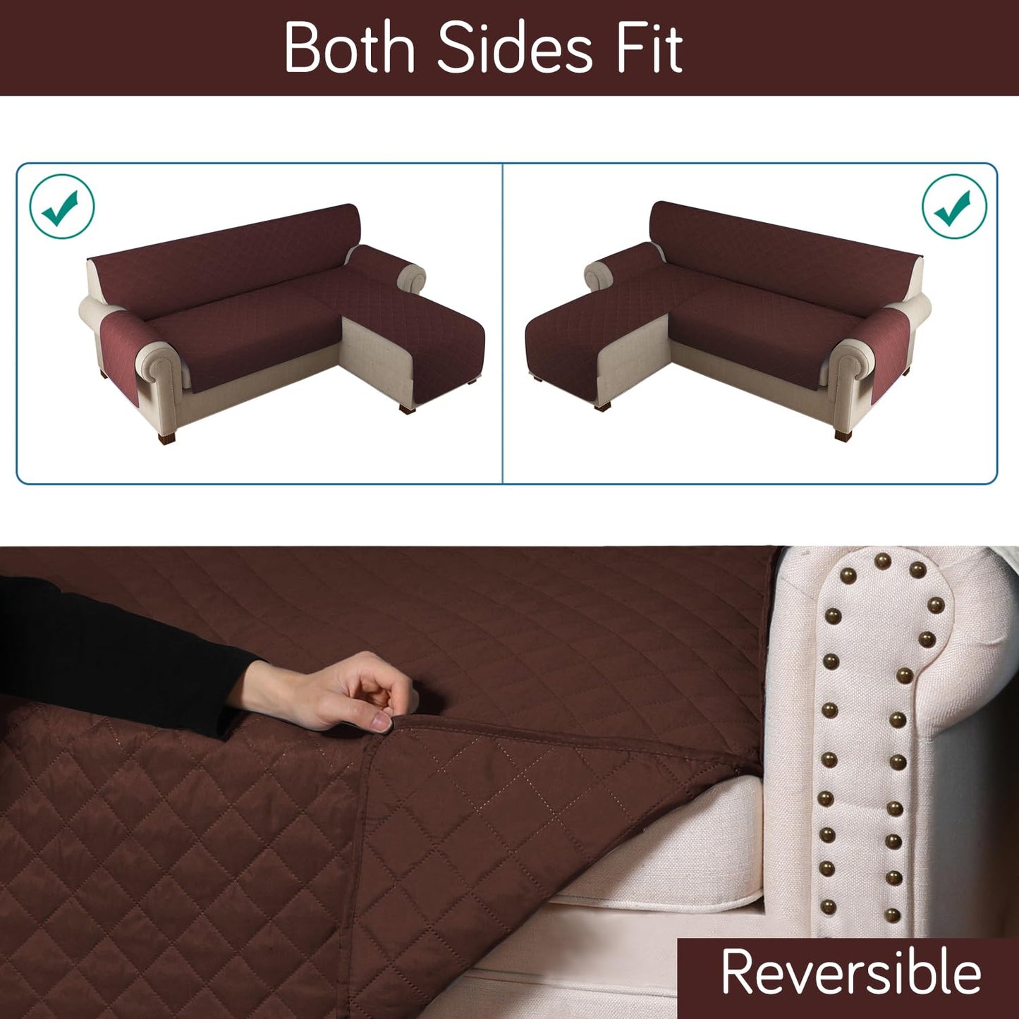 HOKIPO Quilted Reversible One Piece L Shape 4/5/6 Seater Sofa Cover Mat, Brown