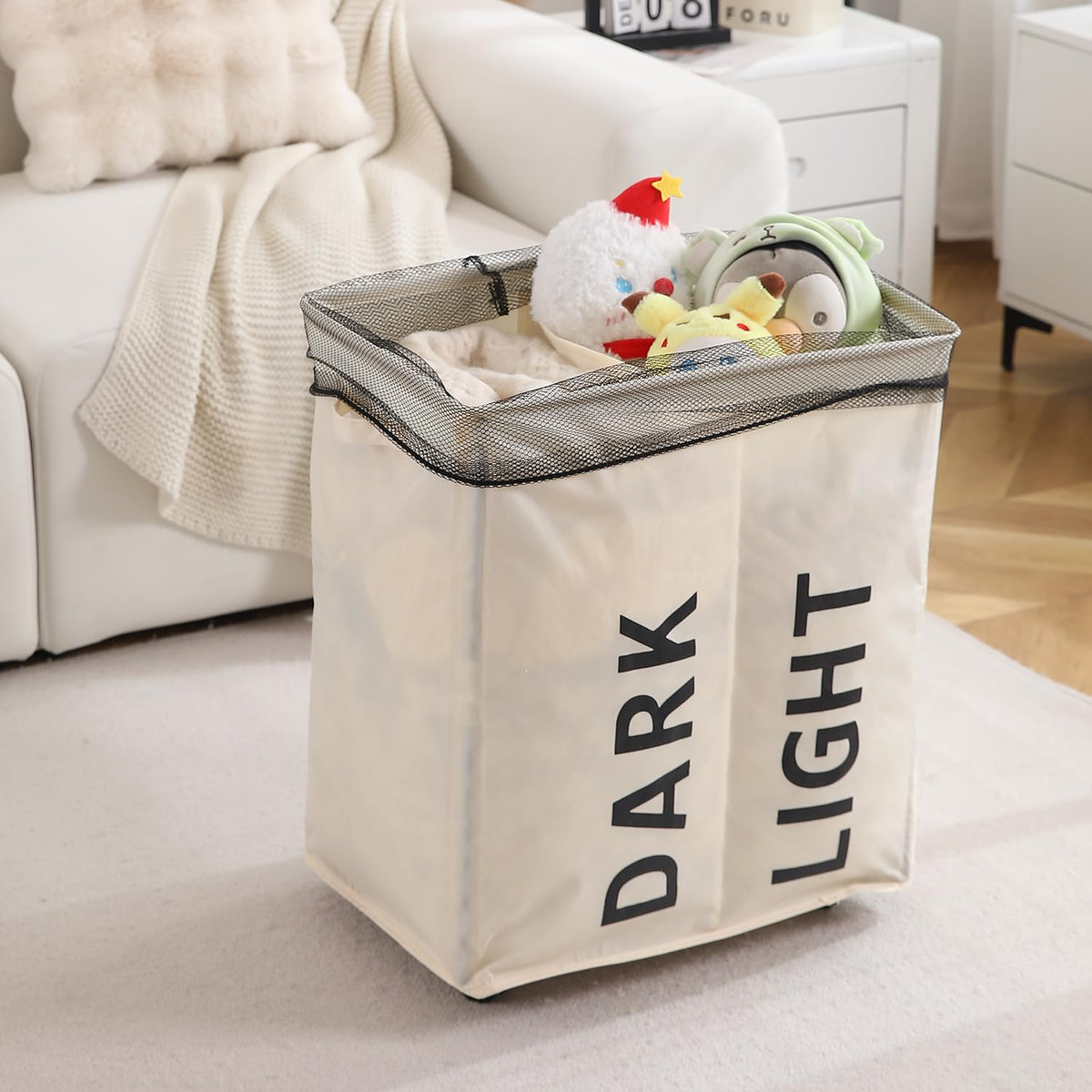 Large Laundry Basket Foldable Hamper With Wheels, Cream
