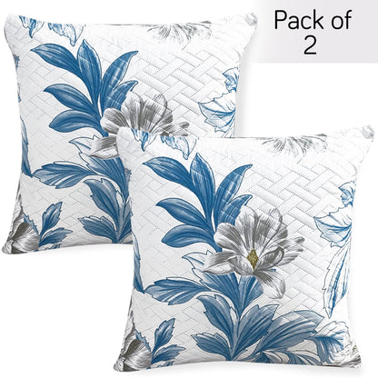 HOKIPO Printed Quilted Sofa Cushion Cover Pack of 2, Celadon Blue Camellia