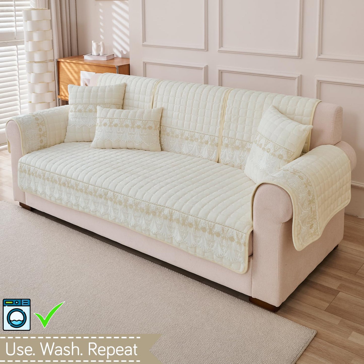 BelleLace Series Imperial Milk Velvet Sofa Cover Mat with Lace Design - Pearl White