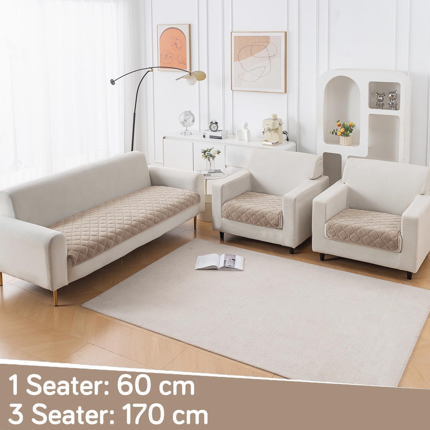 Diamond Tuft Quilted 5-Seater Sofa Mat (3+1+1), Anti-Slip, Warm Taupe
