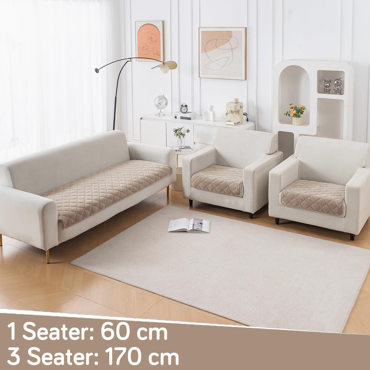 Diamond Tuft Quilted 5-Seater Sofa Mat (3+1+1), Anti-Slip, Warm Taupe