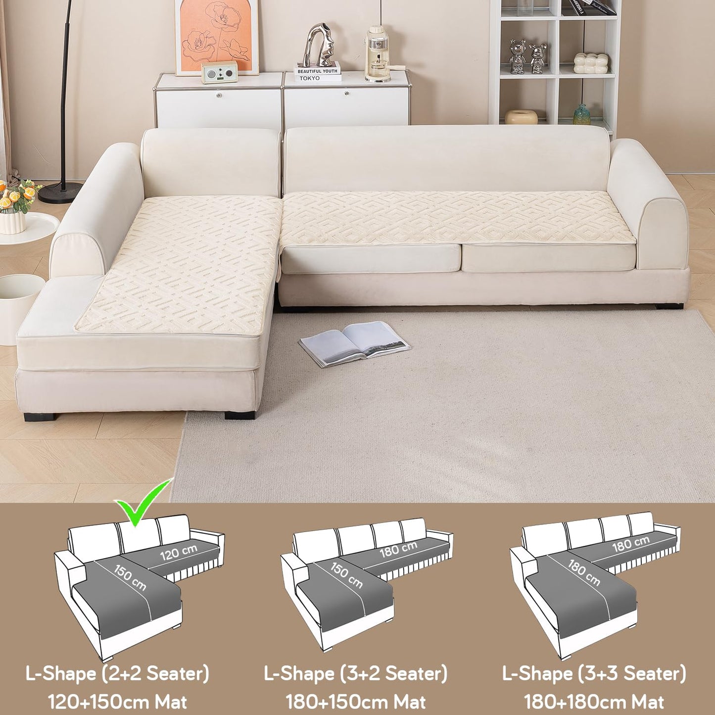 Velvet Maze Premium L Shape Sofa Cover Seat Mat, Beige