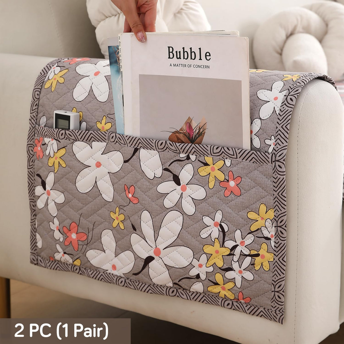 'Homehues' Printed Quilted Sofa Cover Mats, Pastel Brown Sandwort Flower