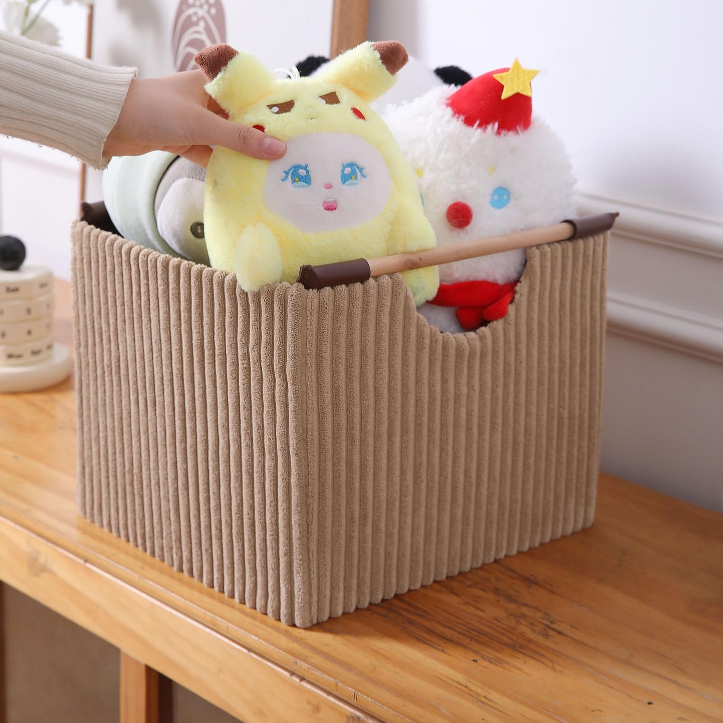 Premium Foldable Storage Bin with Wooden Handles | Corduroy Fabric Organizer Box for Wardrobe, Books, Clothes & Misc Items, Cream