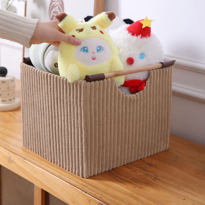 Premium Foldable Storage Bin with Wooden Handles | Corduroy Fabric Organizer Box for Wardrobe, Books, Clothes & Misc Items, Camel