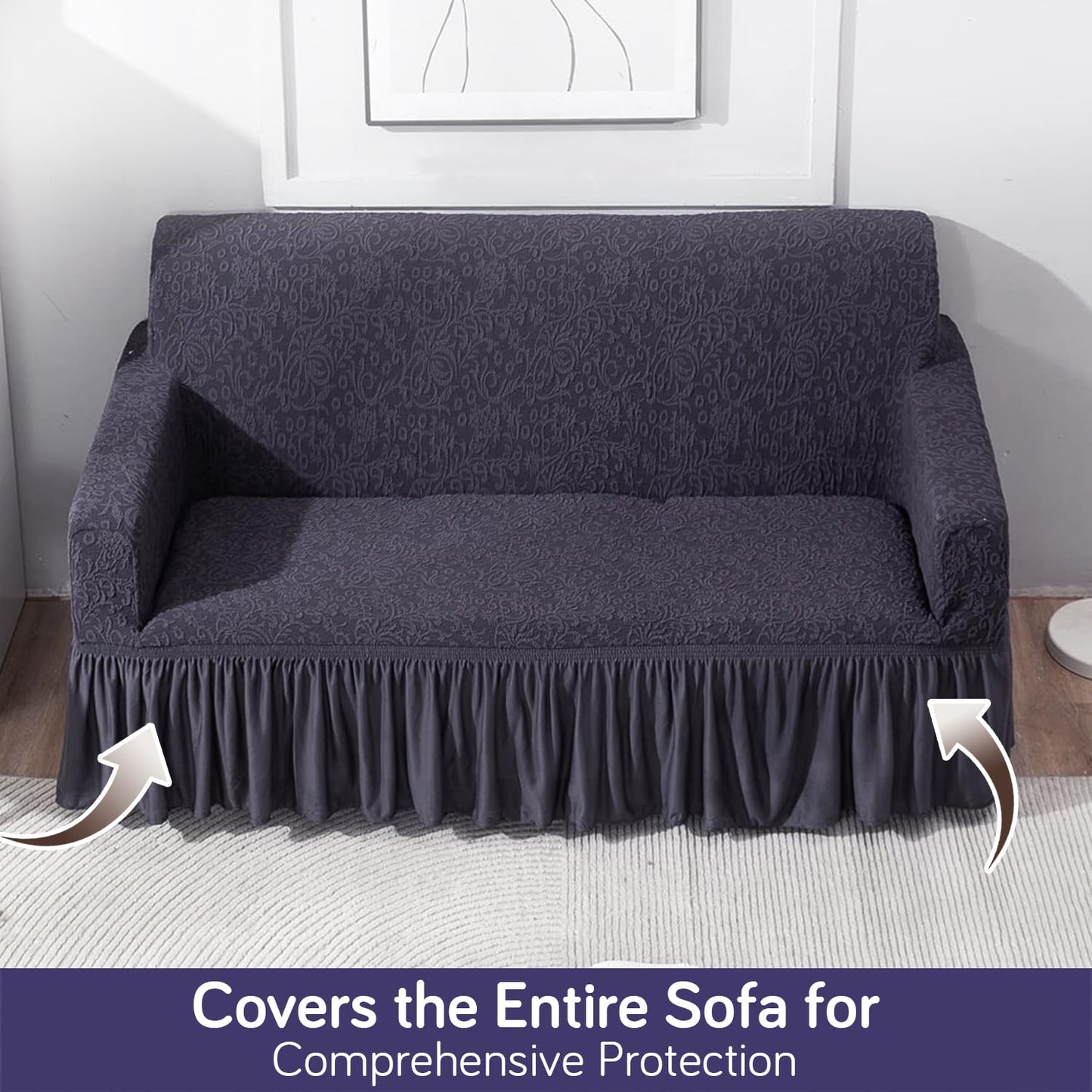 Elastic Stretchable Designer Woven Jacquard Sofa Cover with Frill, Abbey Grey