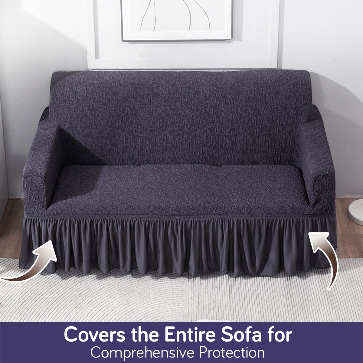 Elastic Stretchable Designer Woven Jacquard Sofa Cover with Frill, Abbey Grey