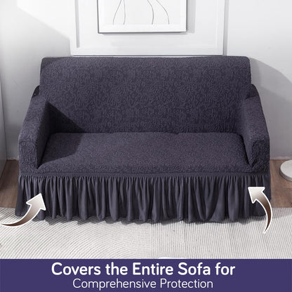 Elastic Stretchable Designer Woven Jacquard Sofa Cover with Frill, Abbey Grey