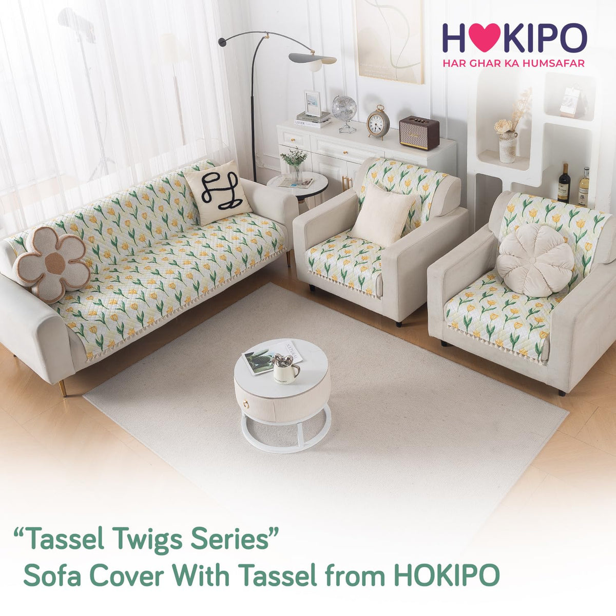 Quilted Sofa Cover 5-Seater Sofa Cover (3+1+1), Tassel Twigs | Tulip Blossom