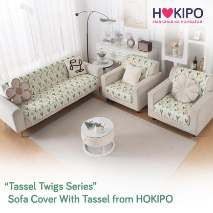Quilted Sofa Cover 5-Seater Sofa Cover (3+1+1), Tassel Twigs | Tulip Blossom