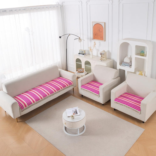 Artisan Boho 5-Seater Sofa Seat Mat wth Tassels (3+1+1), Fuchsia Pink