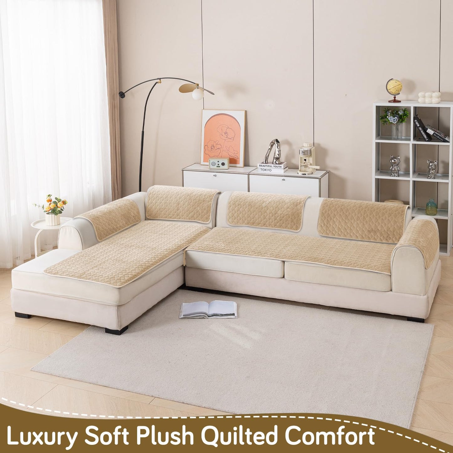 Diamond Plush Premium Quilted L Shape Sofa Cover Seat Mat, Beige
