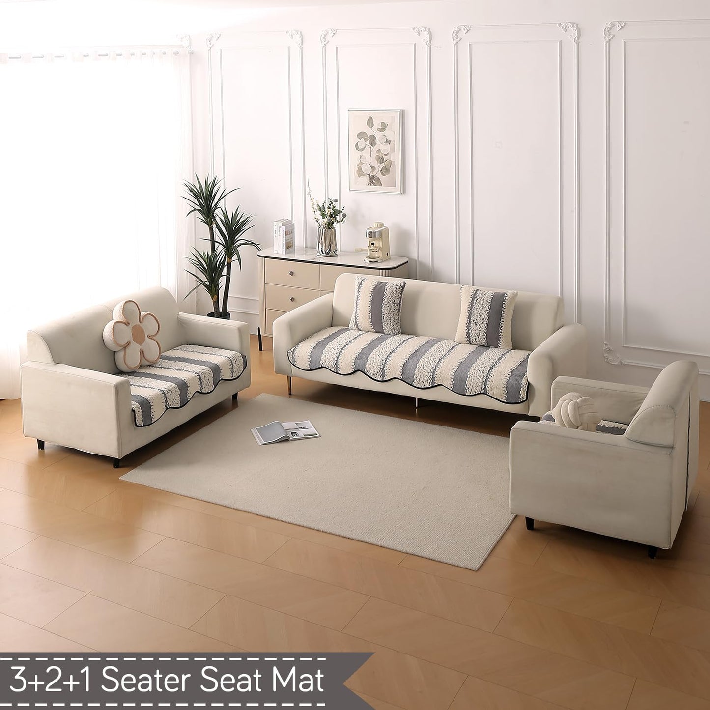 Luxury Wavy Anti Slip Plush Sofa Cover Mat, Pewter Grey