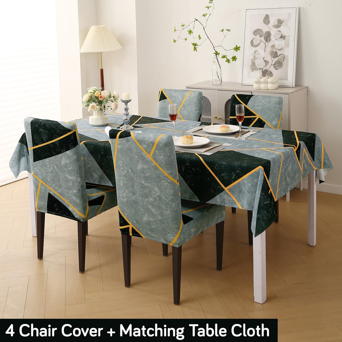 Elastic Dining Chair Covers with Matching Tablecloth, Multicolor Abstract Geometry