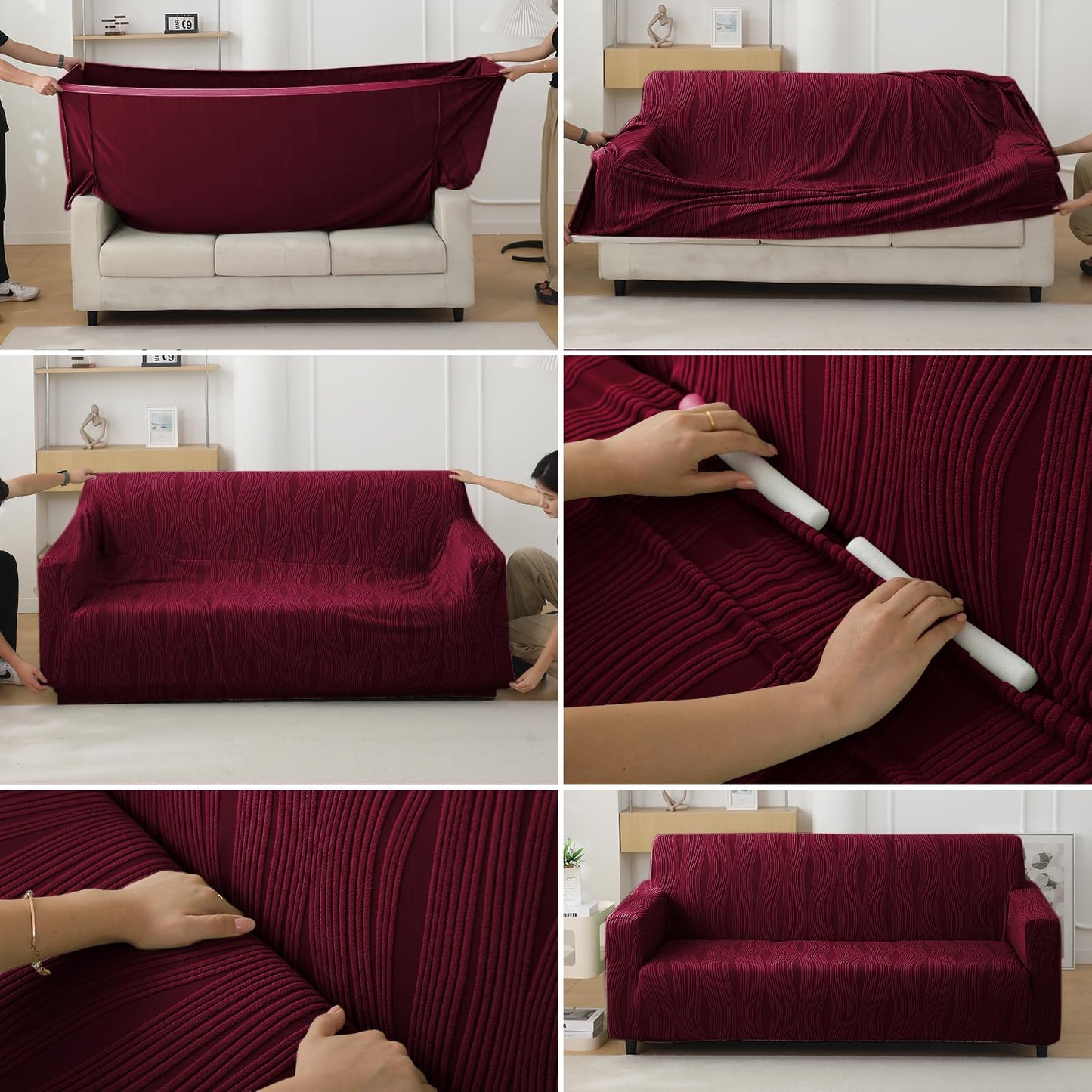 Nestiva Series 200gsm Knitting Jacquard Sofa Cover 1/2/3/4 Seater Fully Covered, Burgundy
