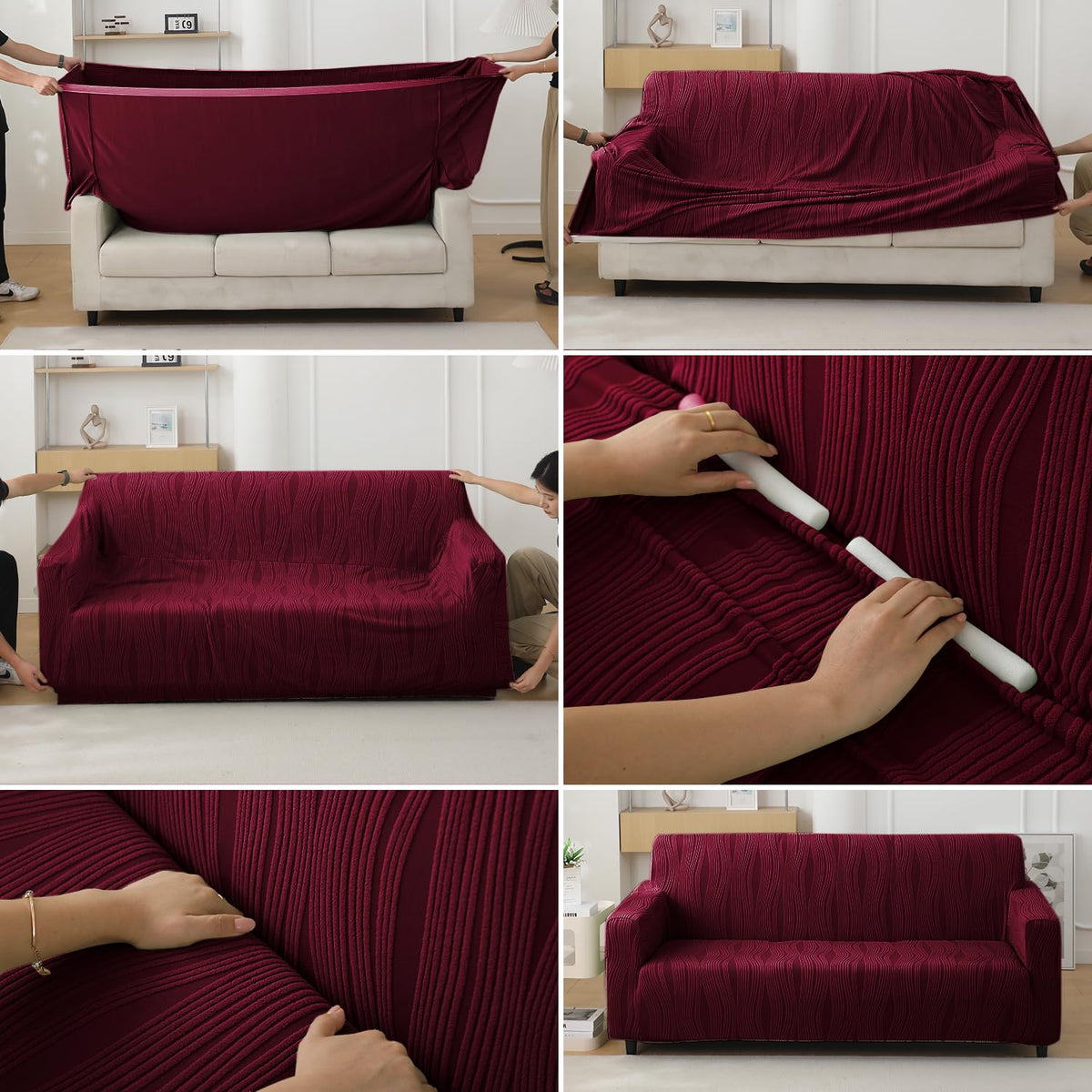 Nestiva Series 200gsm Knitting Jacquard Sofa Cover 1/2/3/4 Seater Fully Covered, Burgundy