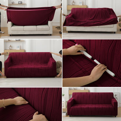 Nestiva Series 200gsm Knitting Jacquard Sofa Cover 1/2/3/4 Seater Fully Covered, Burgundy