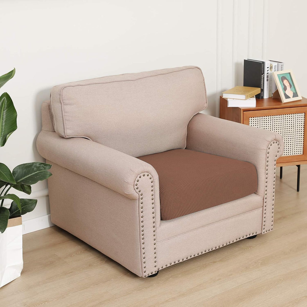 Stretchable Thick Jacquard Textured Seat Cushion Cover for 1/2/3 Seaters / Pieces for Sofa, Brown