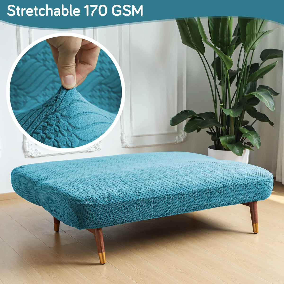 Buy Turquoise Colour Luxurious Jacquard Stretchable 170 GSM Futon Sofa Cover For Sofa Cum Bed | HOKIPO