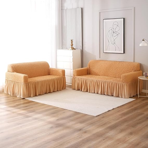 Light Brown Elastic stretchable Turkish Bubble frill sofa cover for 3 seater and 2 seater sofa set