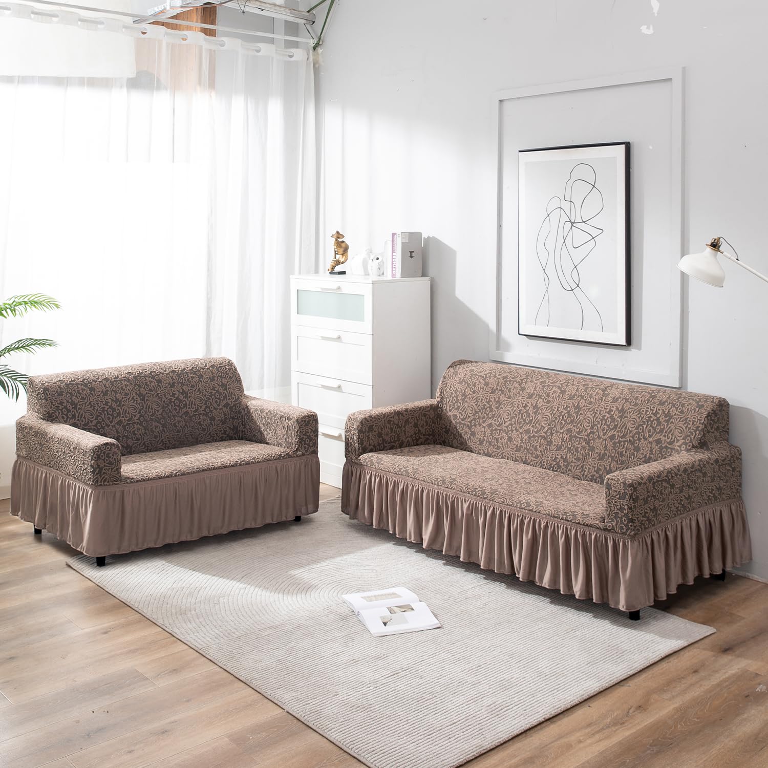 Light Taupe designer woven jacquard frill sofa cover for 3 2 seater​ sofa