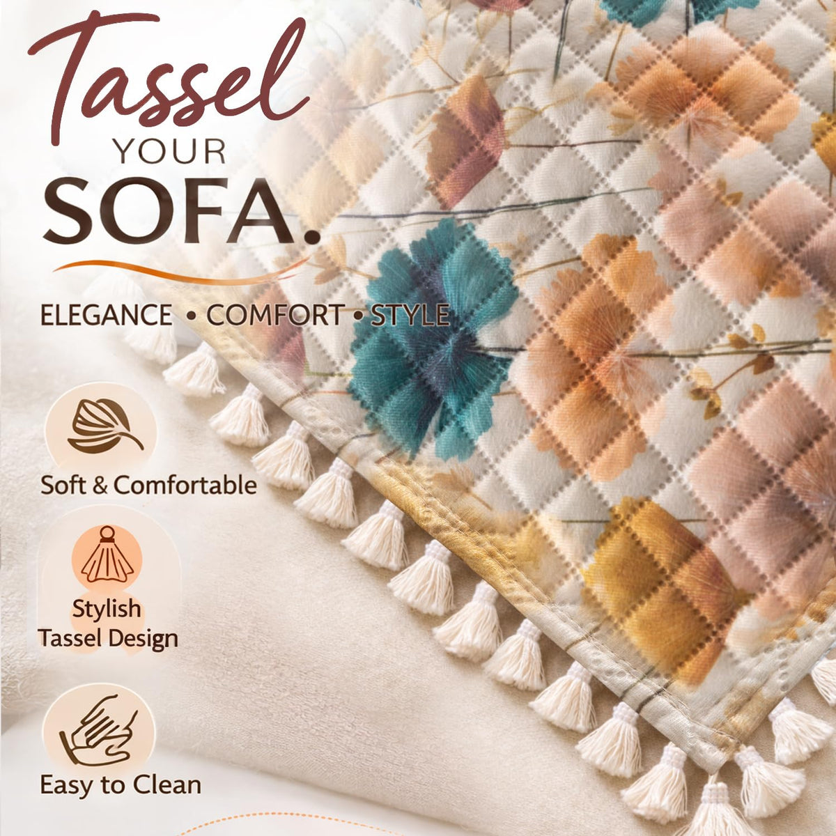 Quilted Sofa Cover 5-Seater Sofa Cover (3+1+1), Tassel Twigs | Boho Wildflower