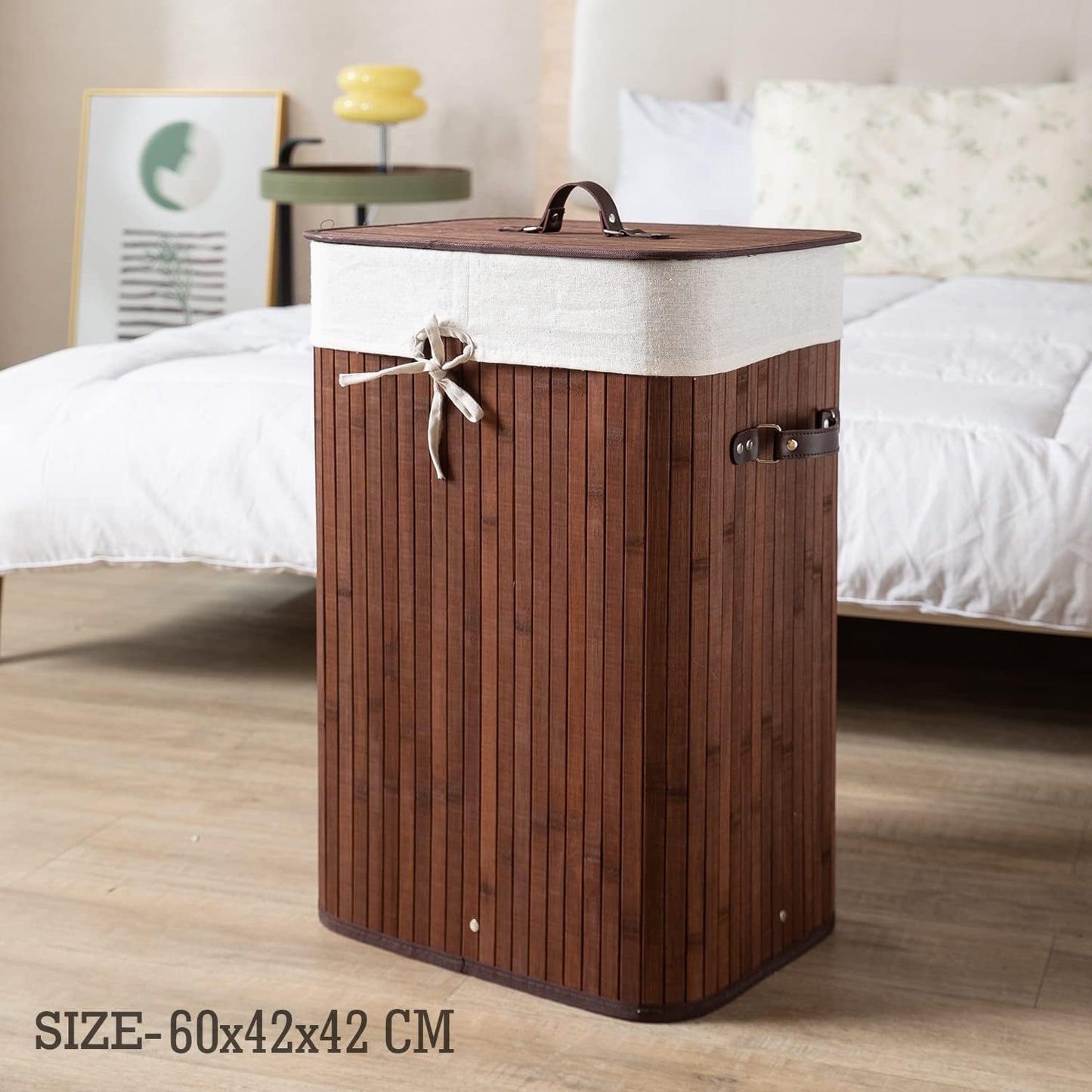 Eco-Friendly Foldable Bamboo Laundry Basket Hamper with Lid, Large - 81 Liter, Coffee Brown